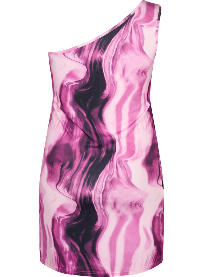 Tight-fitting one-shoulder dress with print, Raspberry Rose AOP, Packshot image number 1