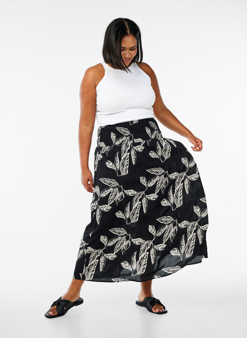 FLASH - Viscose maxi skirt with smocking, Black, Model image number 2