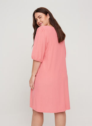 Dress with puff sleeves and V-neck, Tea Rose , Model image number 1