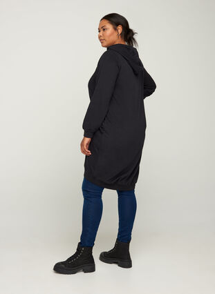 Cotton sweat dress with a hood, Black Solid, Model image number 1