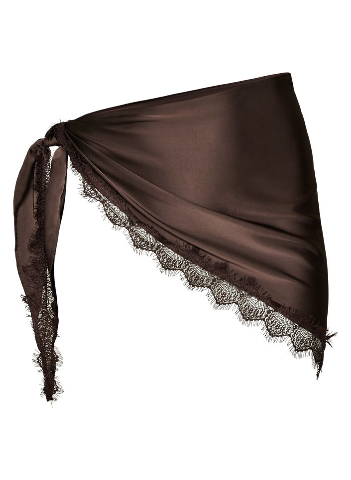 Satin scarf with lace hem, Brown, Packshot image number 0