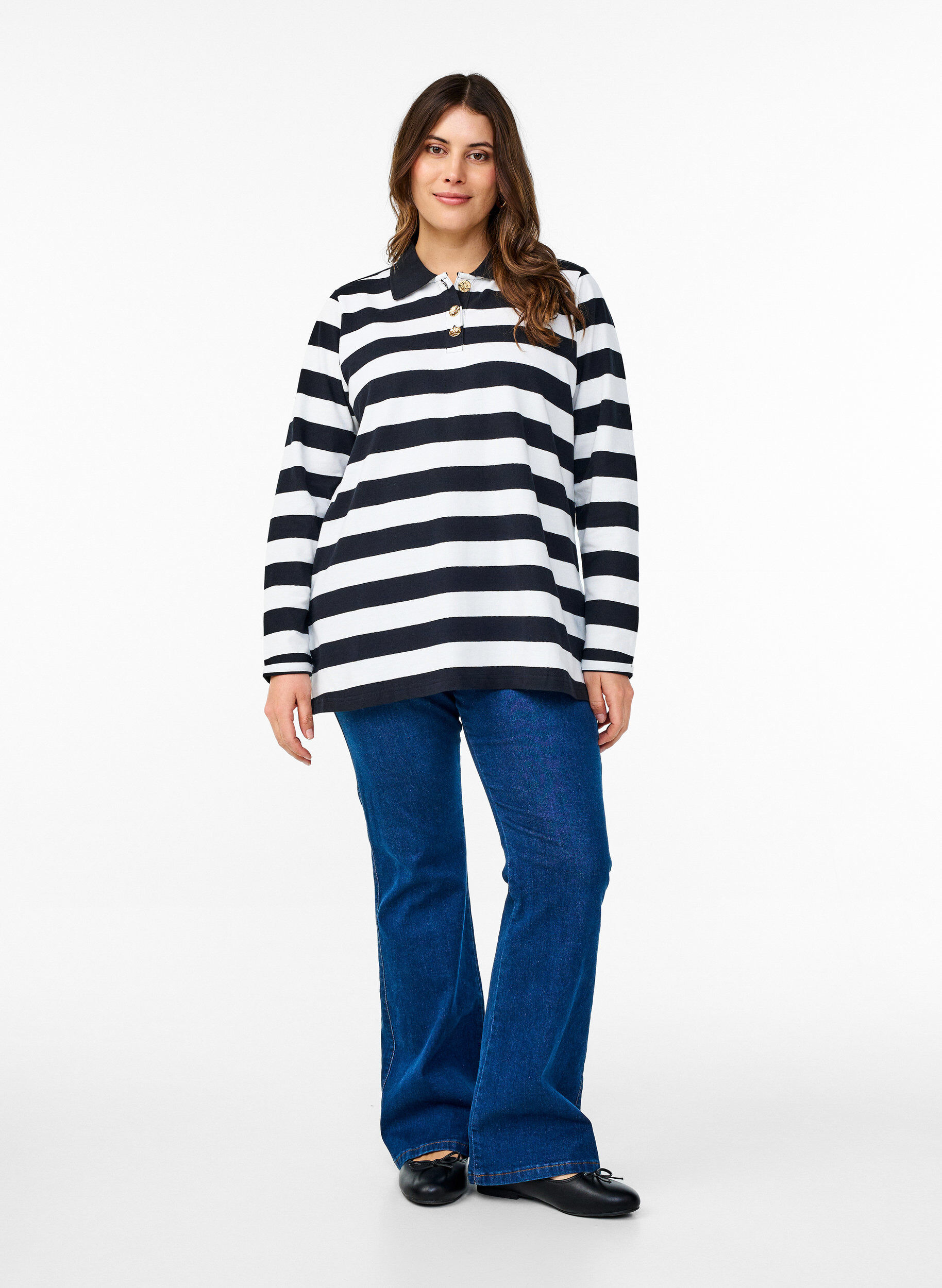 Zizzifashion Striped polo shirt with long sleeves, Black, Model image number 1