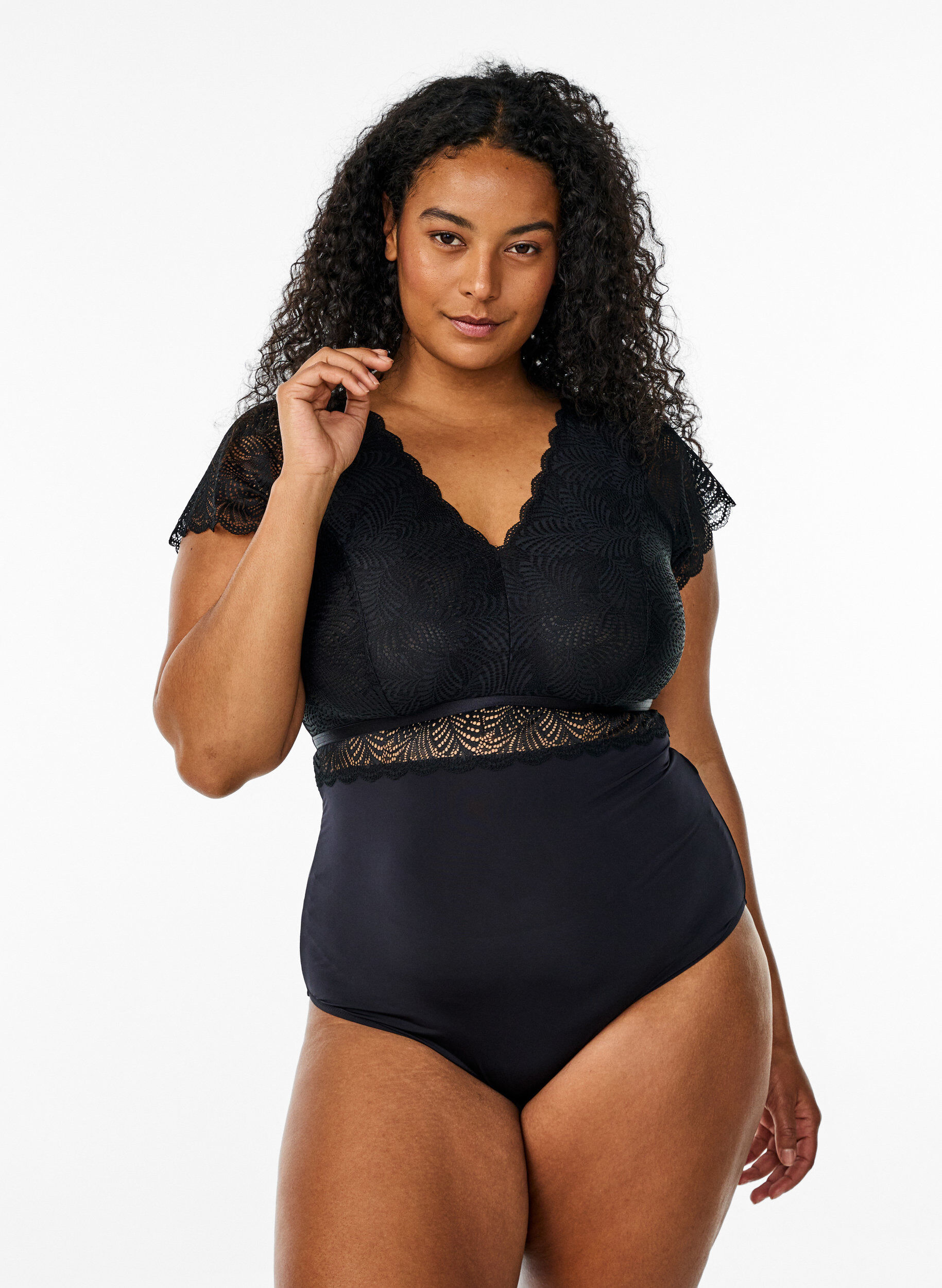 Bodystocking with lace and short sleeves, Black, Model