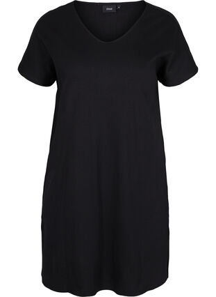 Short-sleeved cotton dress in rib knit, Black, Packshot image number 0