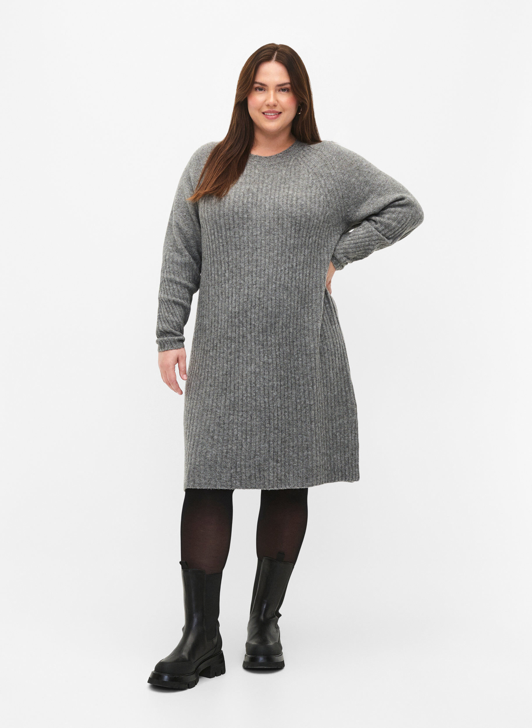 Zizzifashion Rib-knit dress with slit, Light Grey Melange, Model image number 2