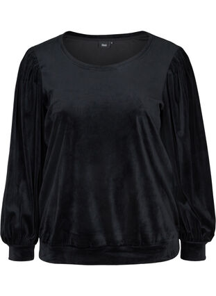 Velour blouse with long puff sleeves, Black, Packshot image number 0