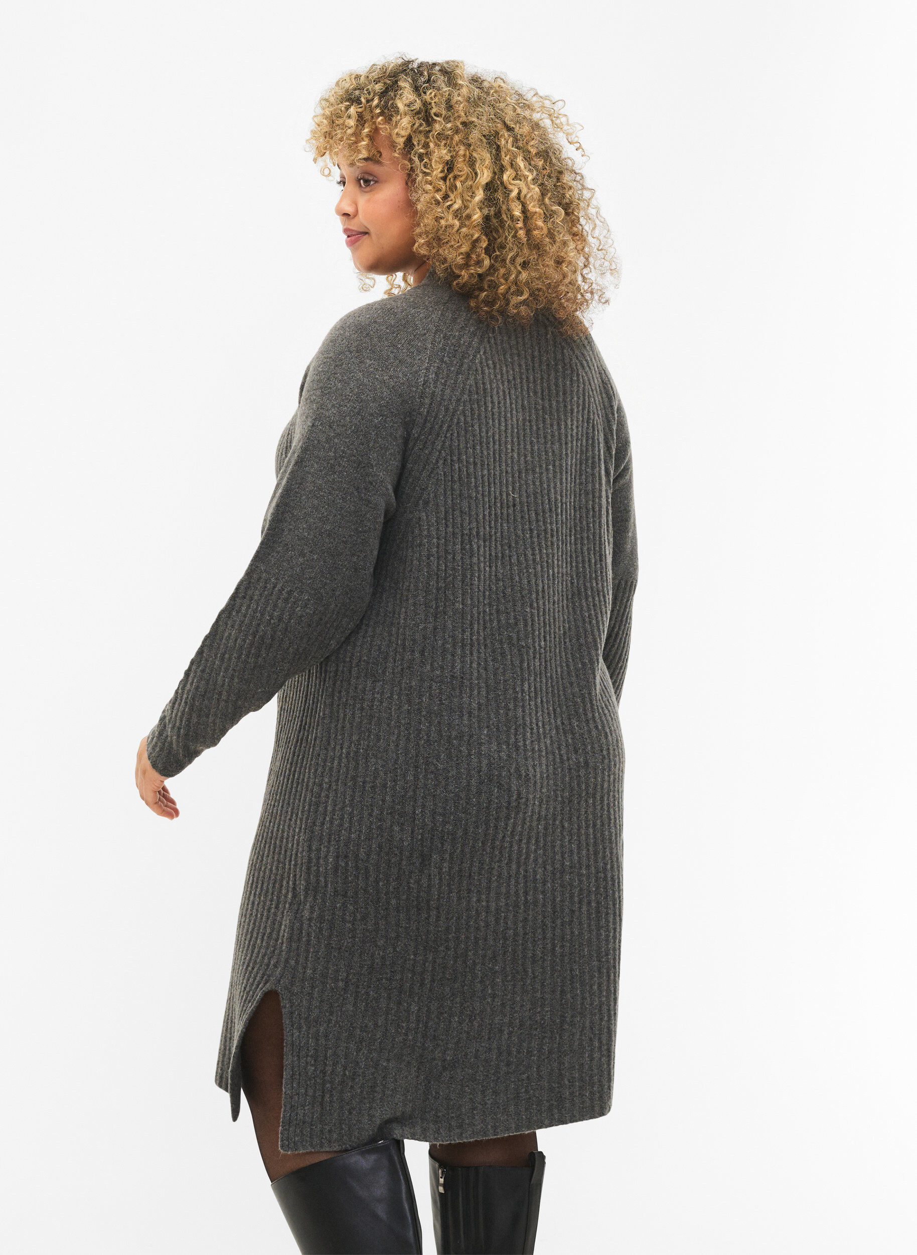 Zizzifashion Ribbed Knit Dress with Turtleneck, Dark Grey Melange, Model image number 1