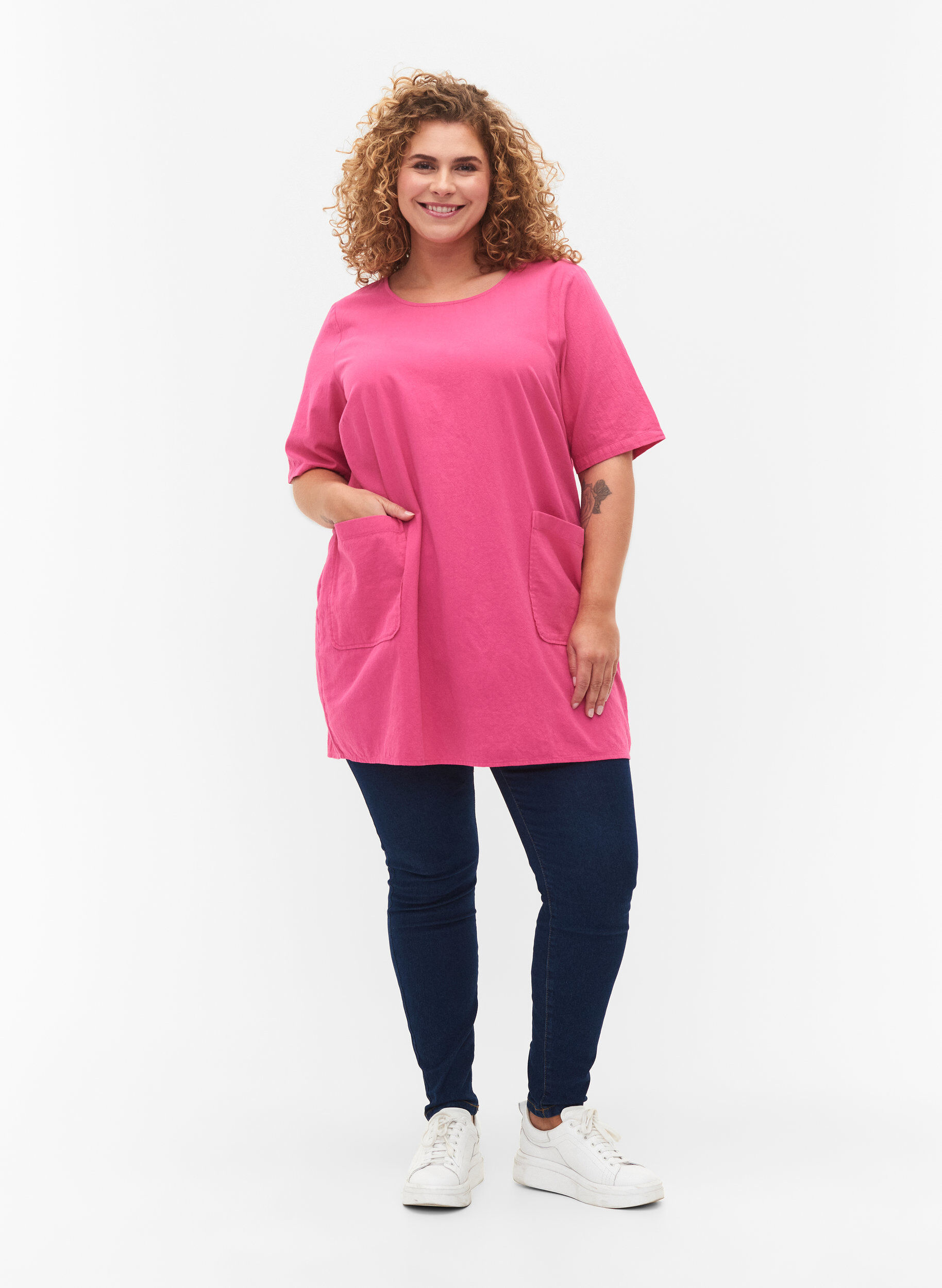 Zizzifashion FLASH - Short sleeved tunic in cotton, Raspberry Rose, Model image number 2