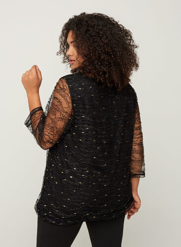 V-neck lace blouse , Black w Gold, Model image number 1