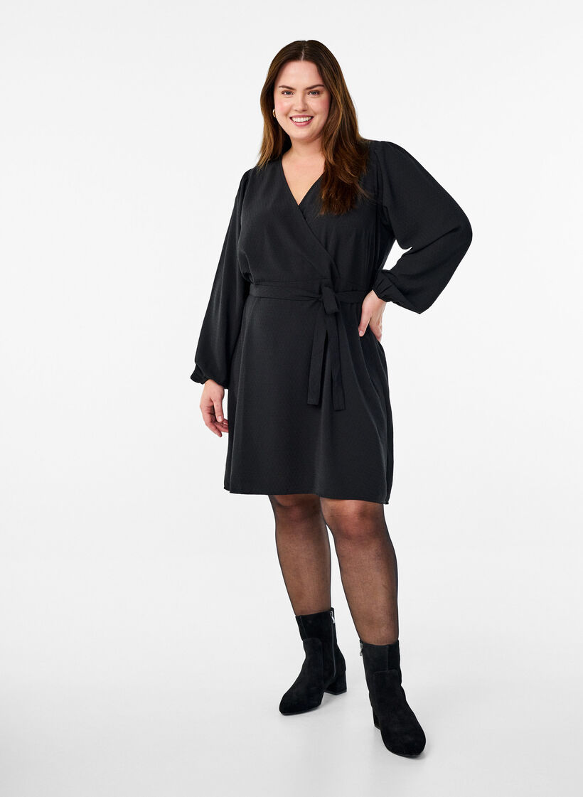 Short wrap dress with tie belt, Black, Model image number 1
