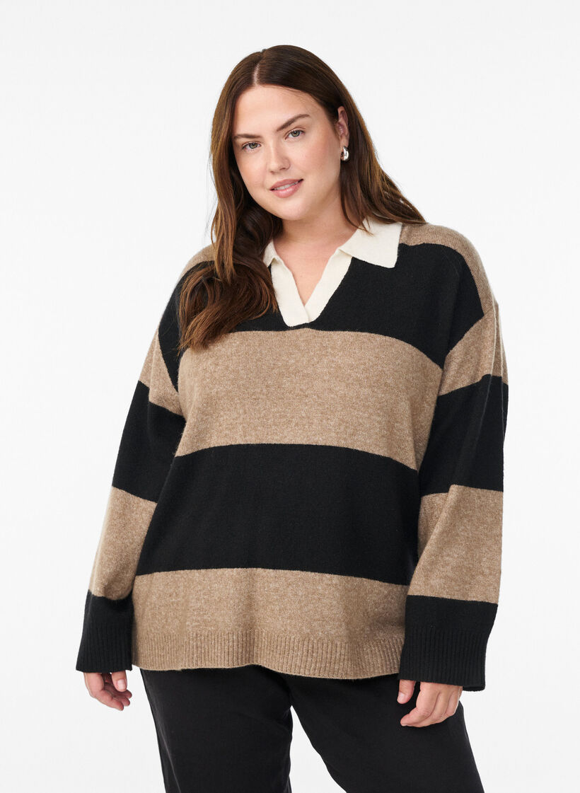 Knit blouse with collar and V-neckline, Black, Model image number 0