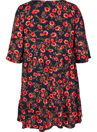 Floral viscose dress with 3/4 sleeves, Black Poppy Flower, Packshot image number 1