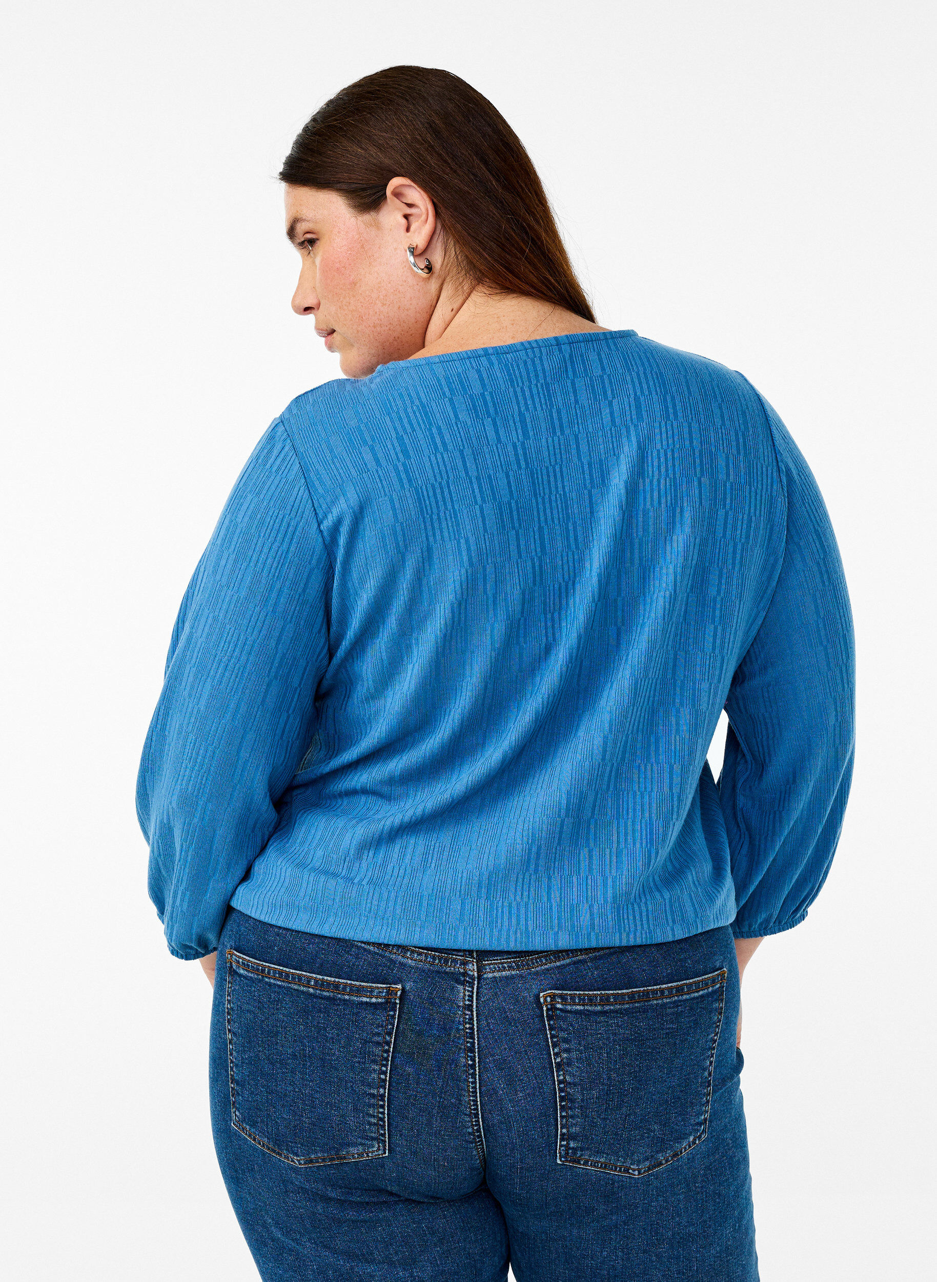 ZizzifashionBlouse with texture and 3/4 sleeves, Blue, Model image number 2