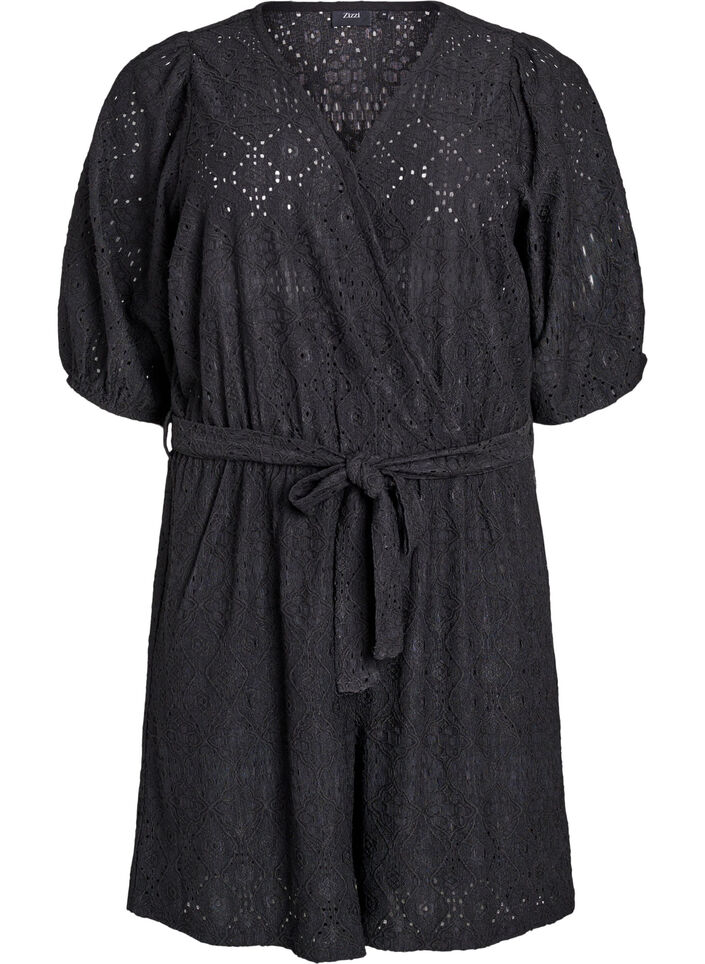Playsuit with short sleeves and tie, Black, Packshot image number 0