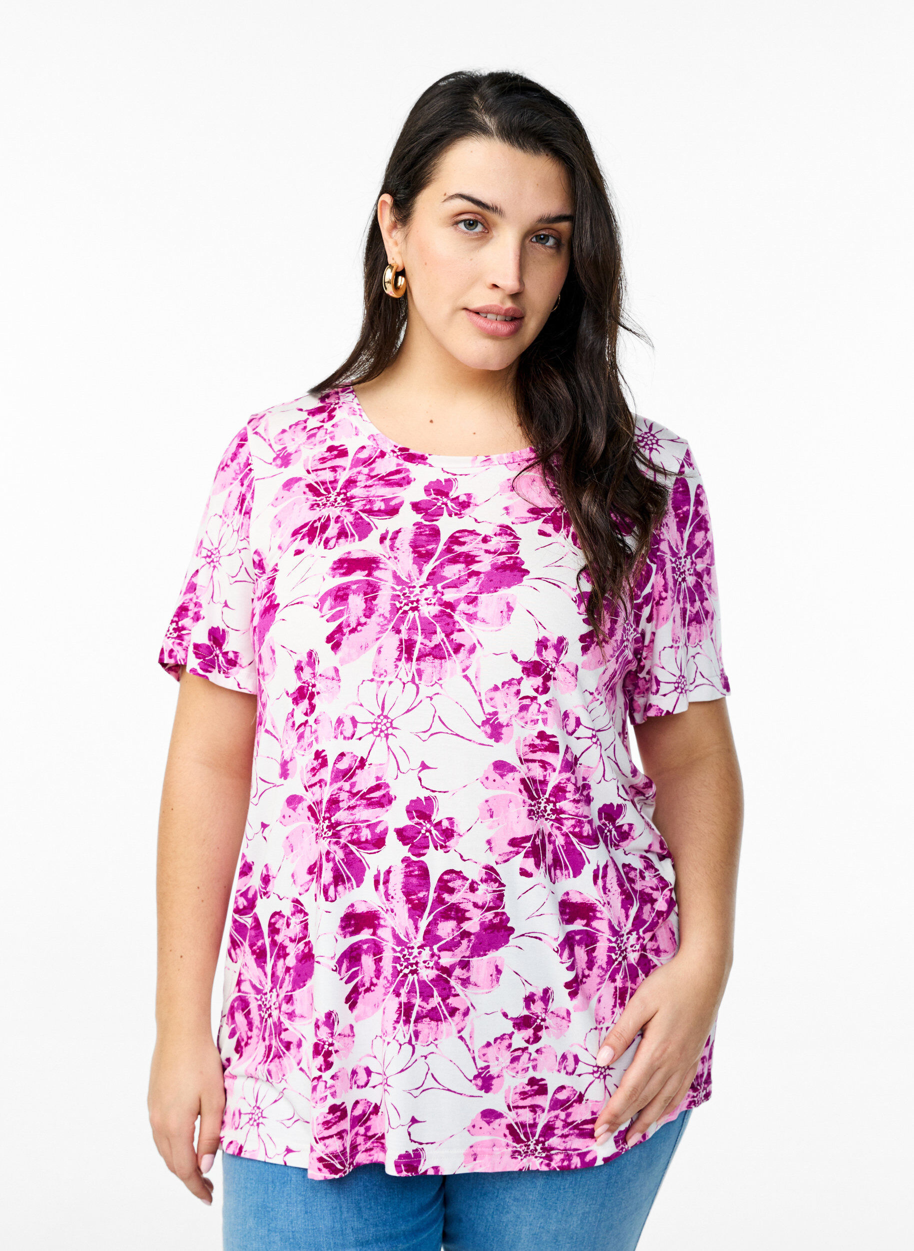 T-shirt with floral print, Pink, Model