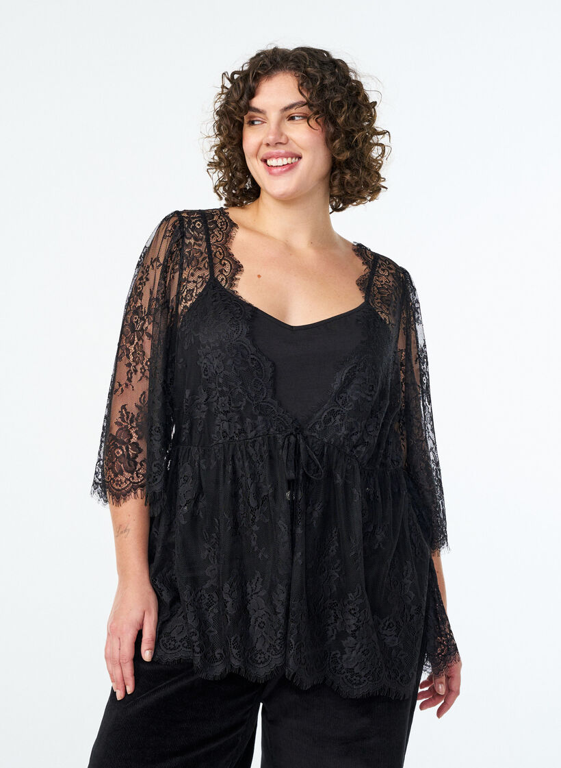 Lace top with tie detail and 3/4 sleeves, Black, Model image number 0