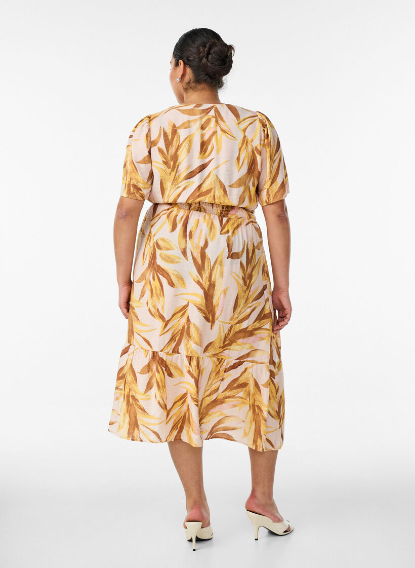 Viscose midi dress with leaf print and smocked waist, Yellow, Model image number 1
