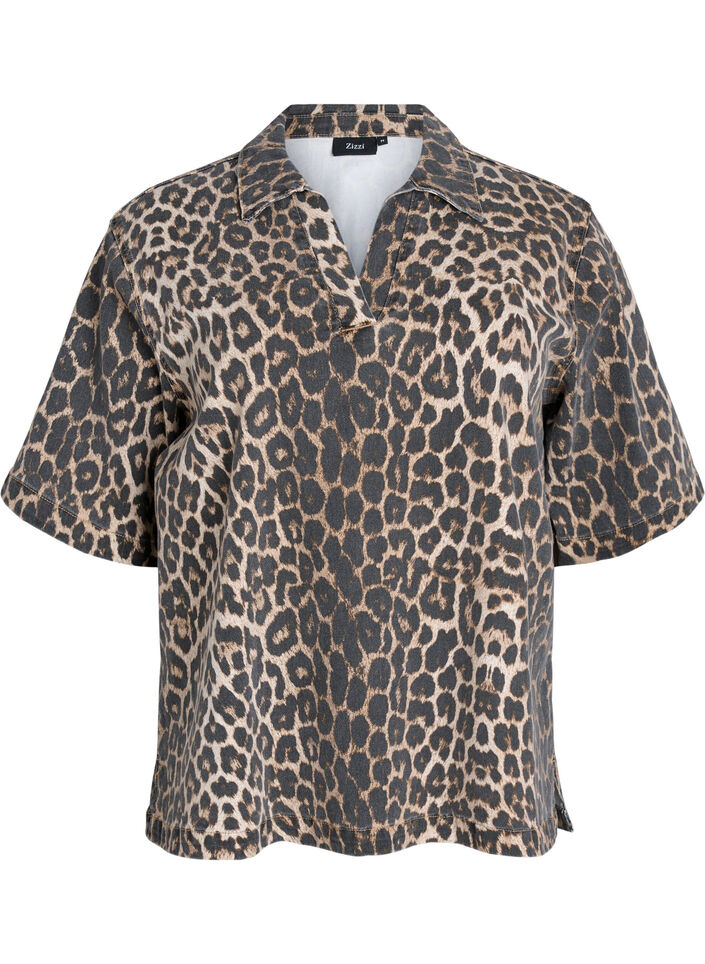 Leopard print denim blouse with collar and half sleeves, Brown, Packshot image number 0