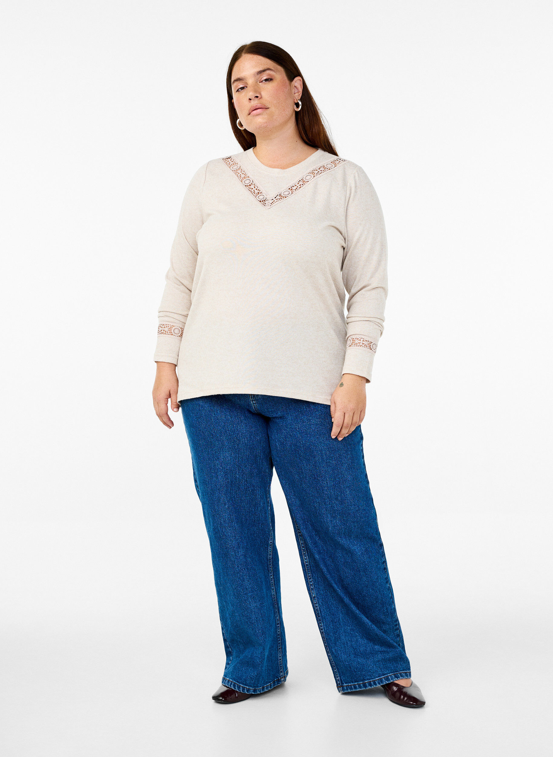 Zizzifashion Blouse with embroidery details and long sleeves, Beige, Model image number 1