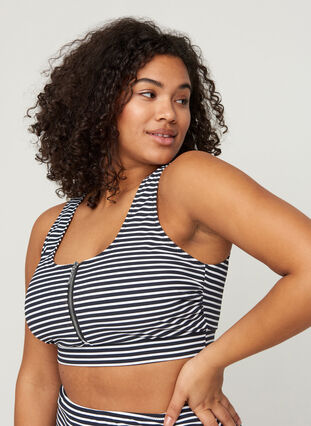 Striped bikini top with zip detail, Navy Striped, Model image number 0