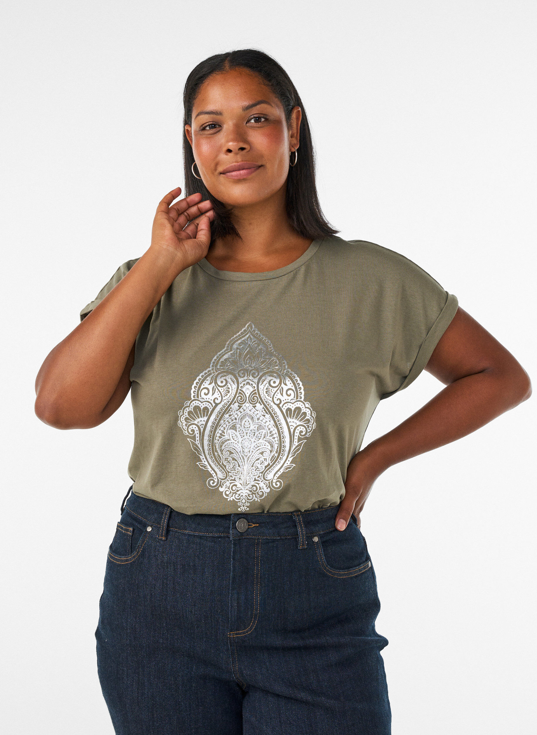 ZizzifashionT-shirt with decorative front print, Green, Model image number 0