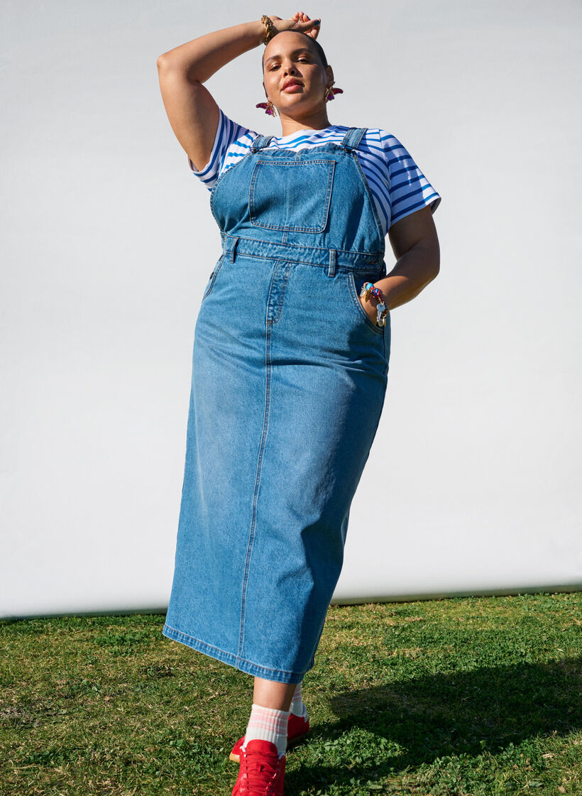 Midi denim overall dress, Blue Denim, Image image number 0
