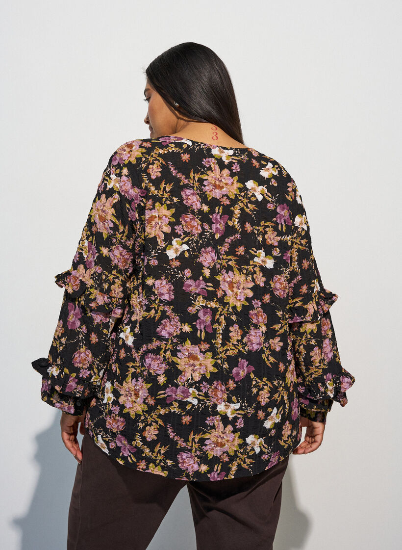 Blouse with floral print and ruffle details, Black, Model image number 2