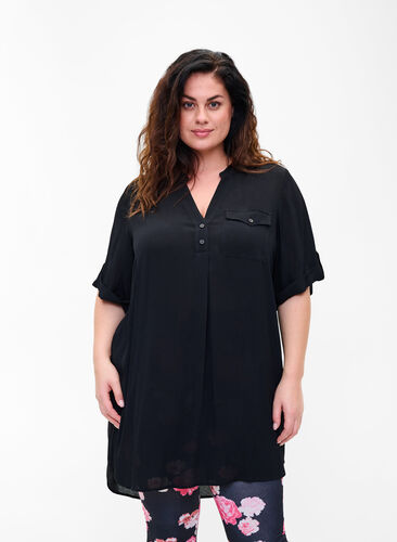 Viscose tunic with short sleeves, Black, Model image number 0