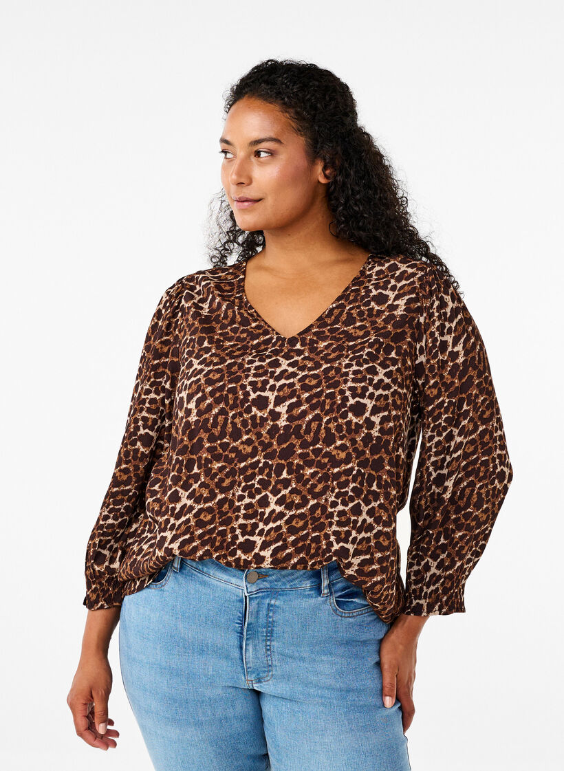 Leopard print blouse with 3/4 sleeves, Leo AOP, Model image number 0