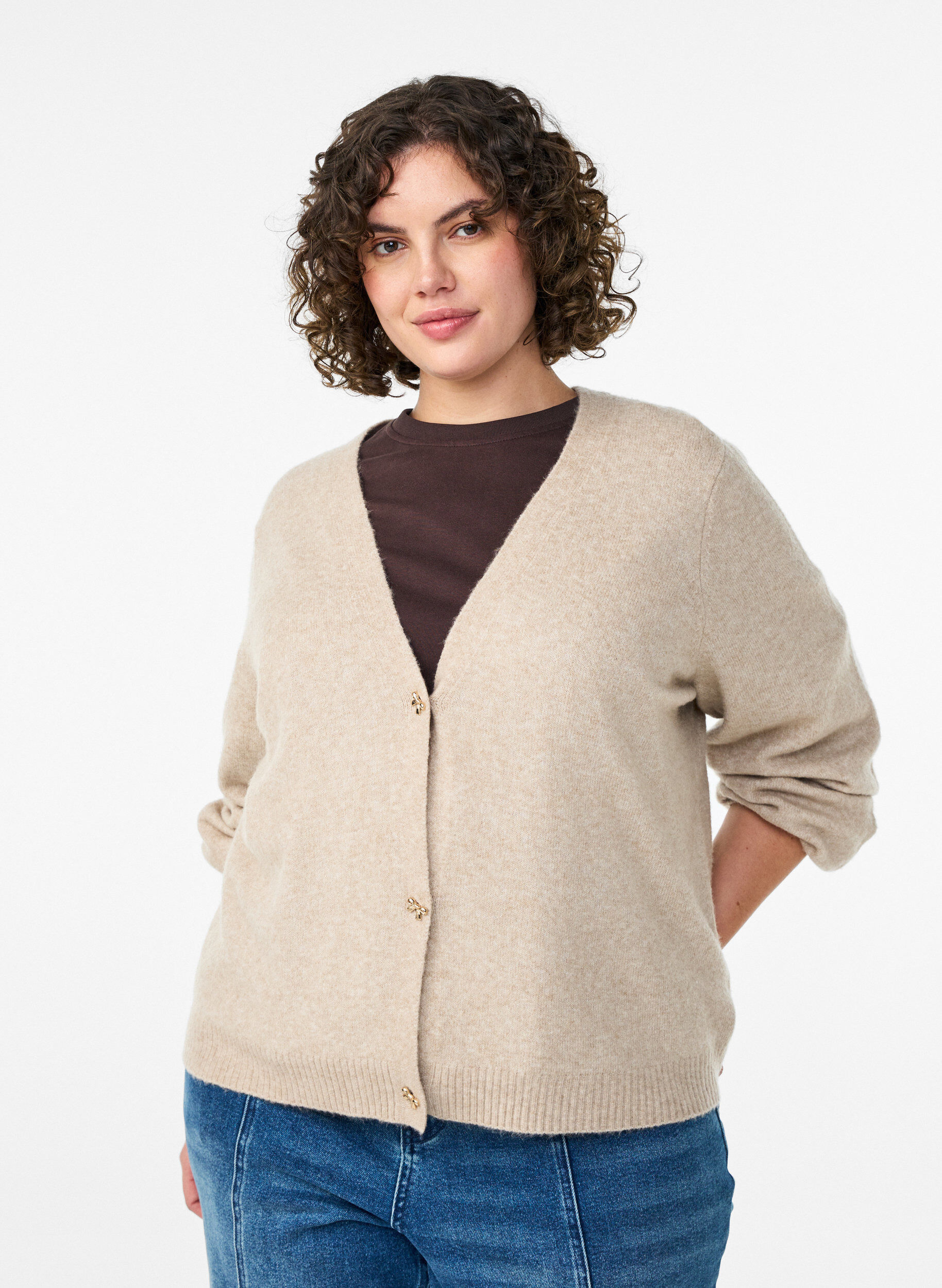 Knit cardigan with wool and bow buttons, Beige, Model