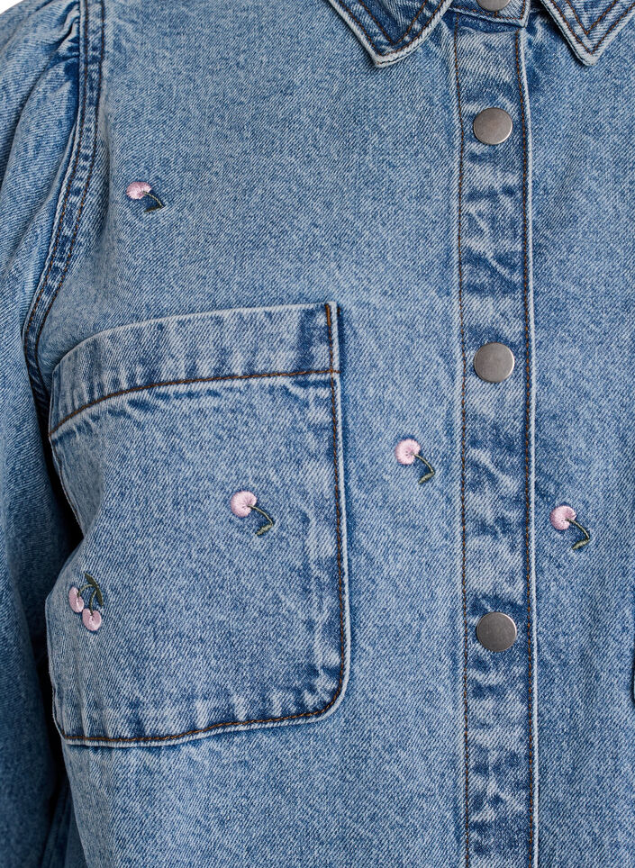 Denim dress with cherries and chest pockets, Light Blue, Packshot image number 2