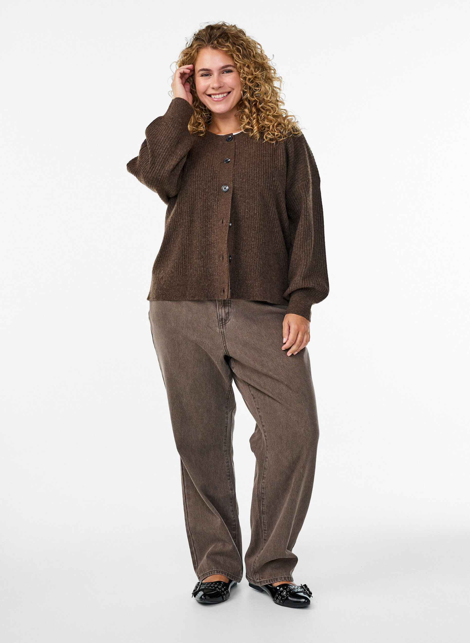 Zizzifashion Rib knit cardigan with buttons, Brown, Model image number 1