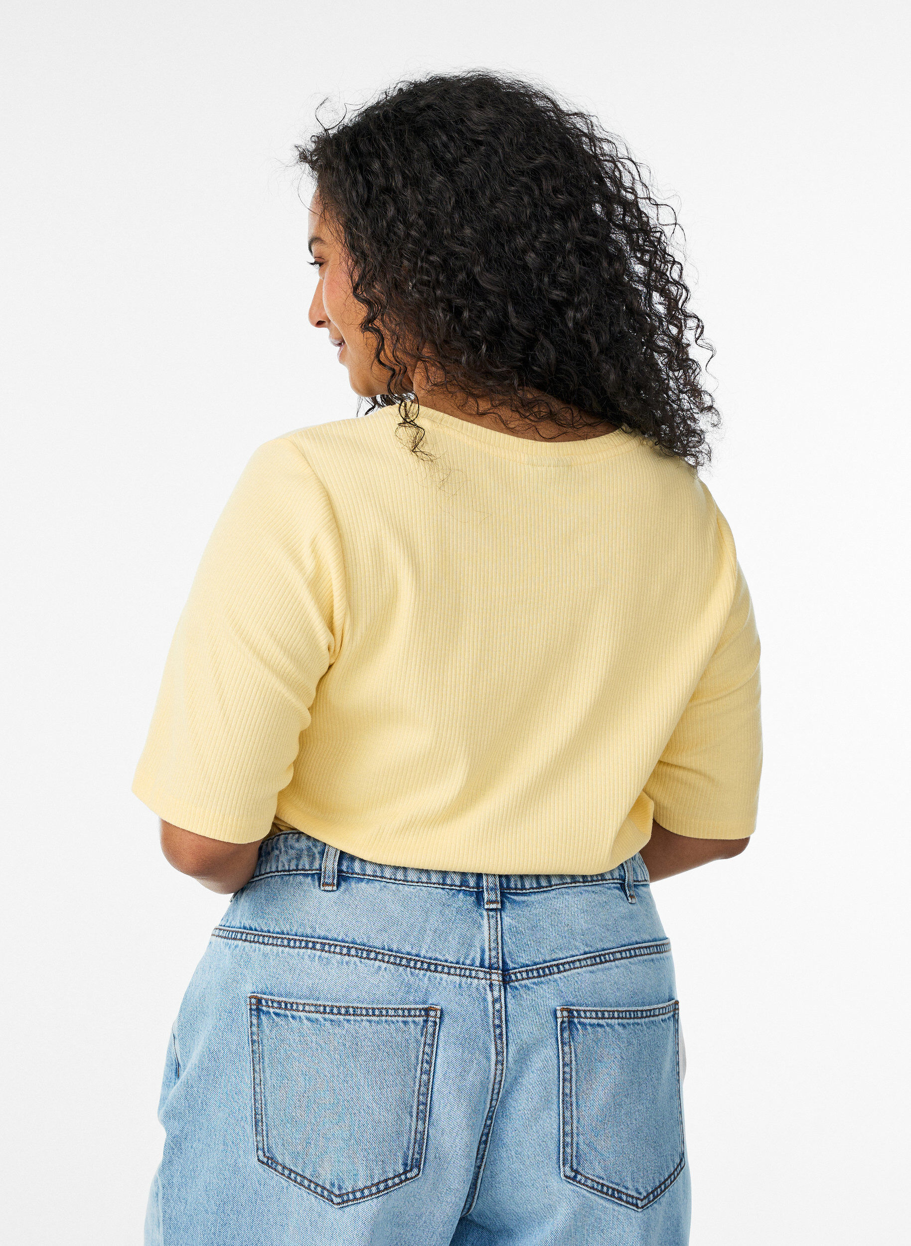 Zizzifashion Ribbed jersey blouse with short sleeves, Yellow, Model image number 2