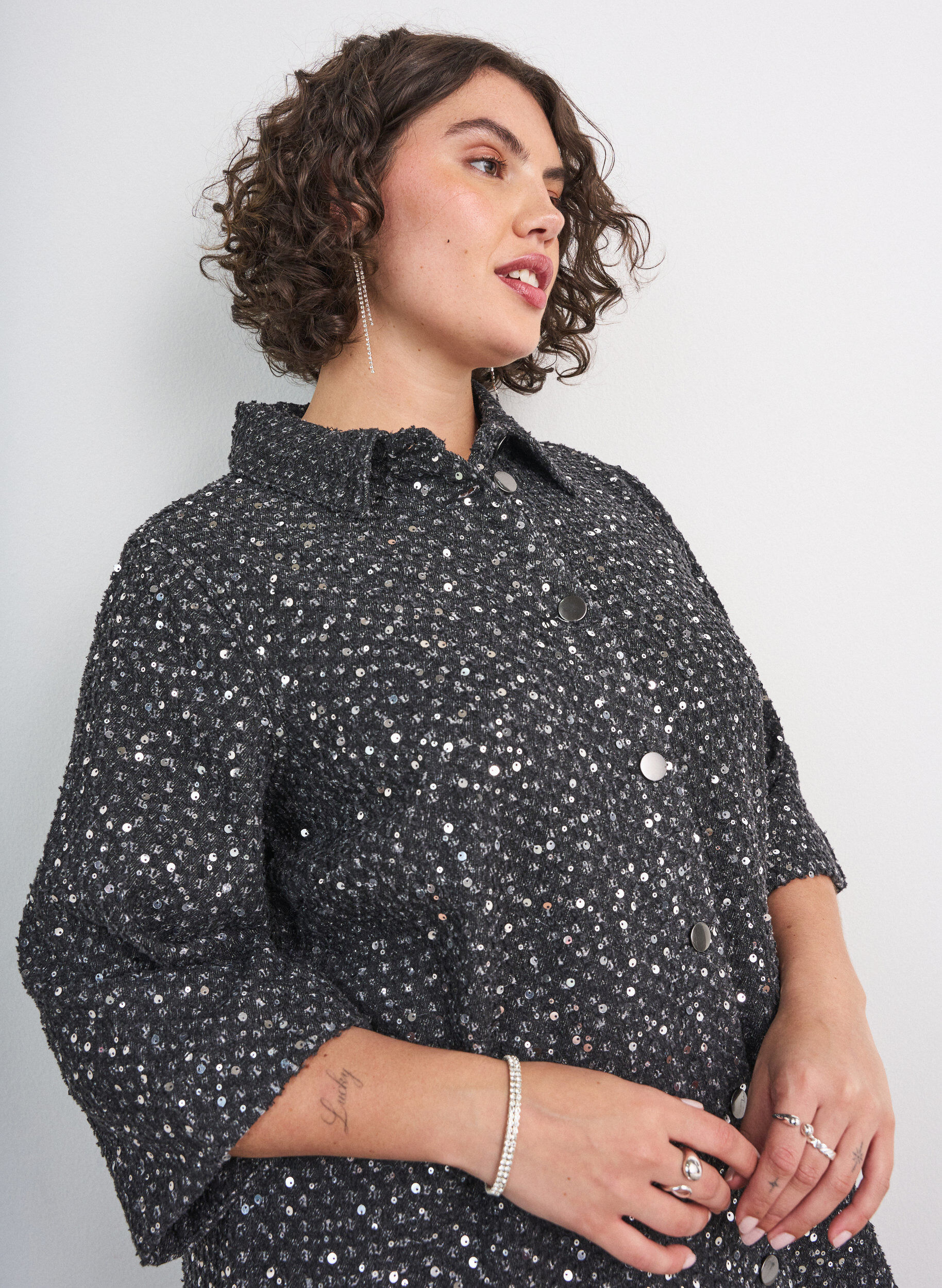 ZizzifashionDenim dress with sequins and 3/4 sleeves, Black, Model image number 3