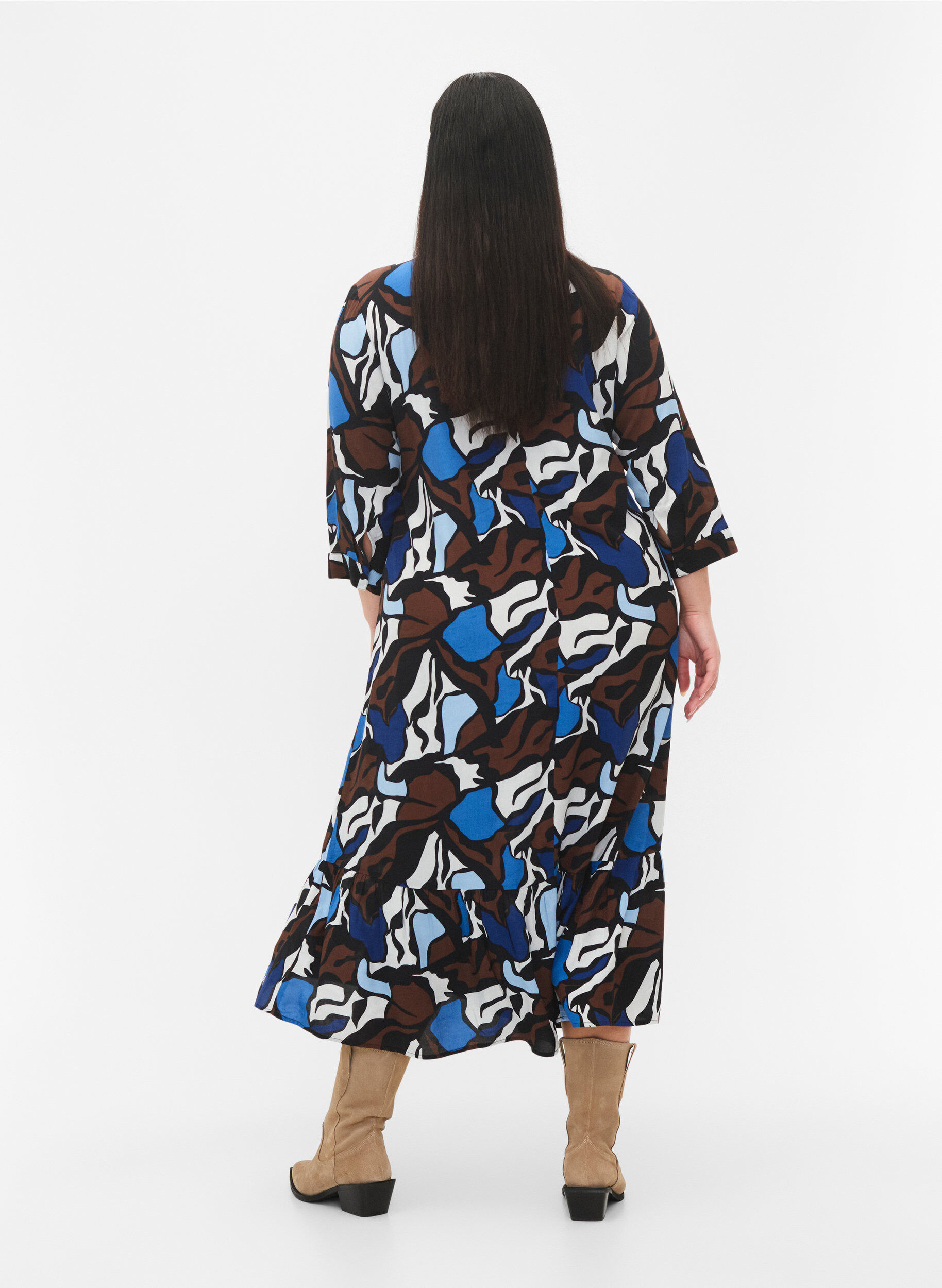 Zizzifashion Dress in viscose with print and 3/4 sleeves, Zafia AOP, Model image number 1