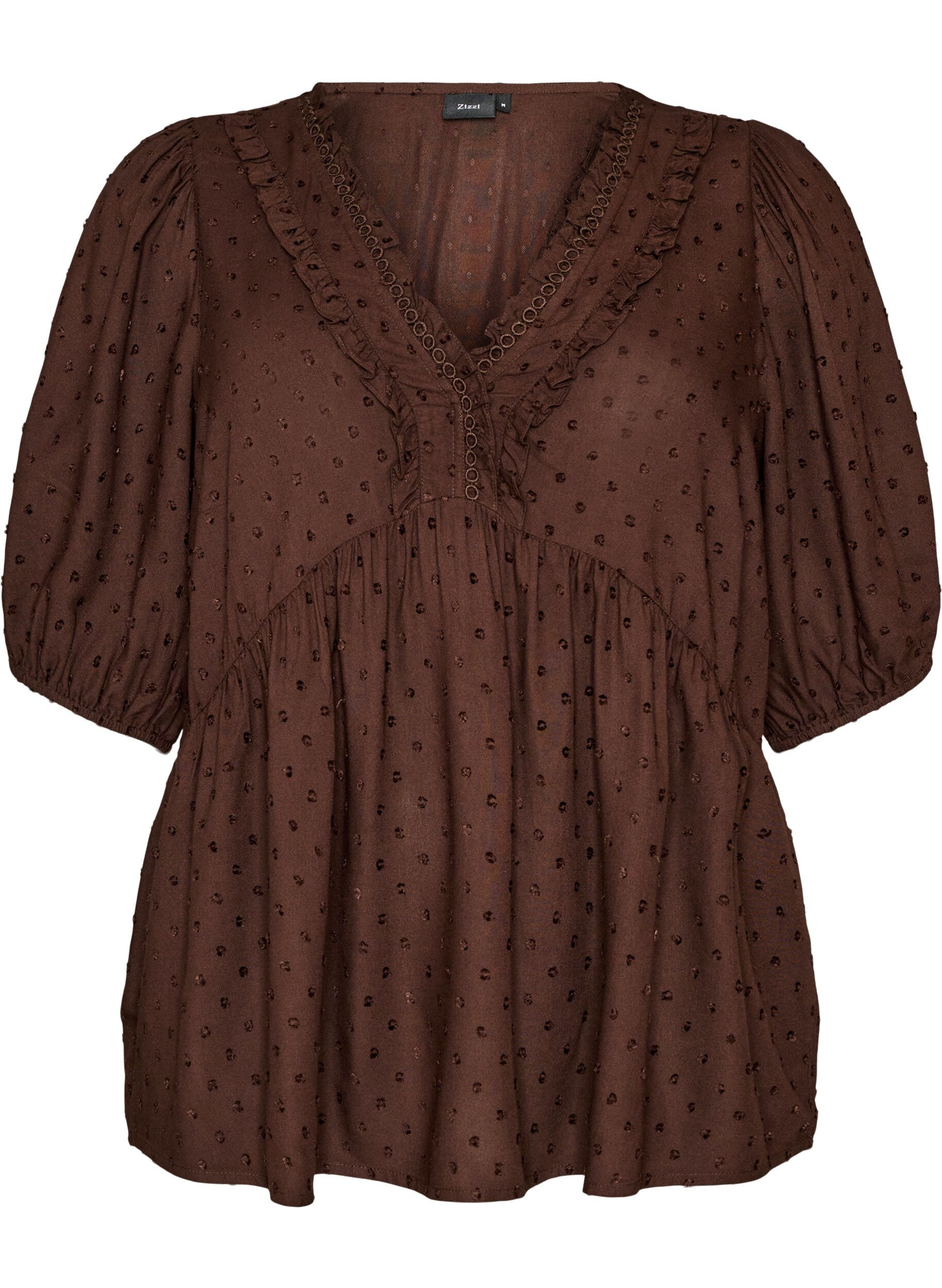 Zizzifashion Viscose blouse with a dotted texture and V-neck, Brown, Packshot image number 0