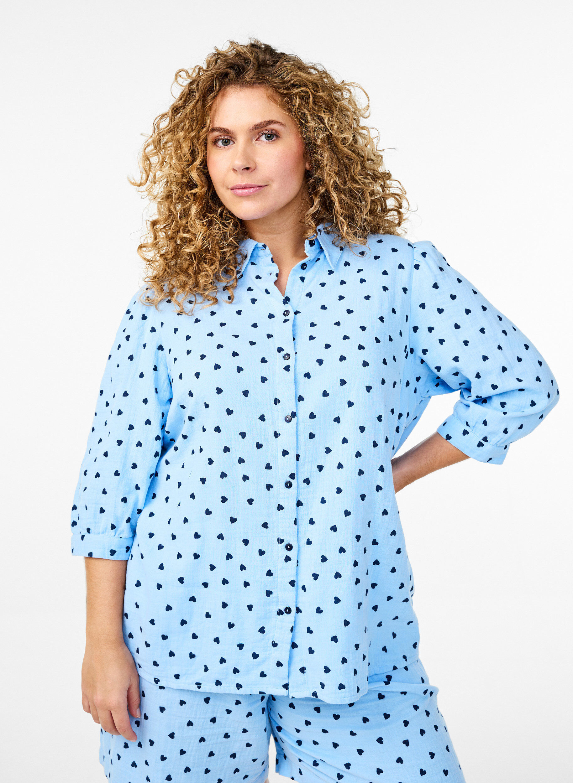 Shirt blouse with 3/4 sleeves, Light Blue, Model