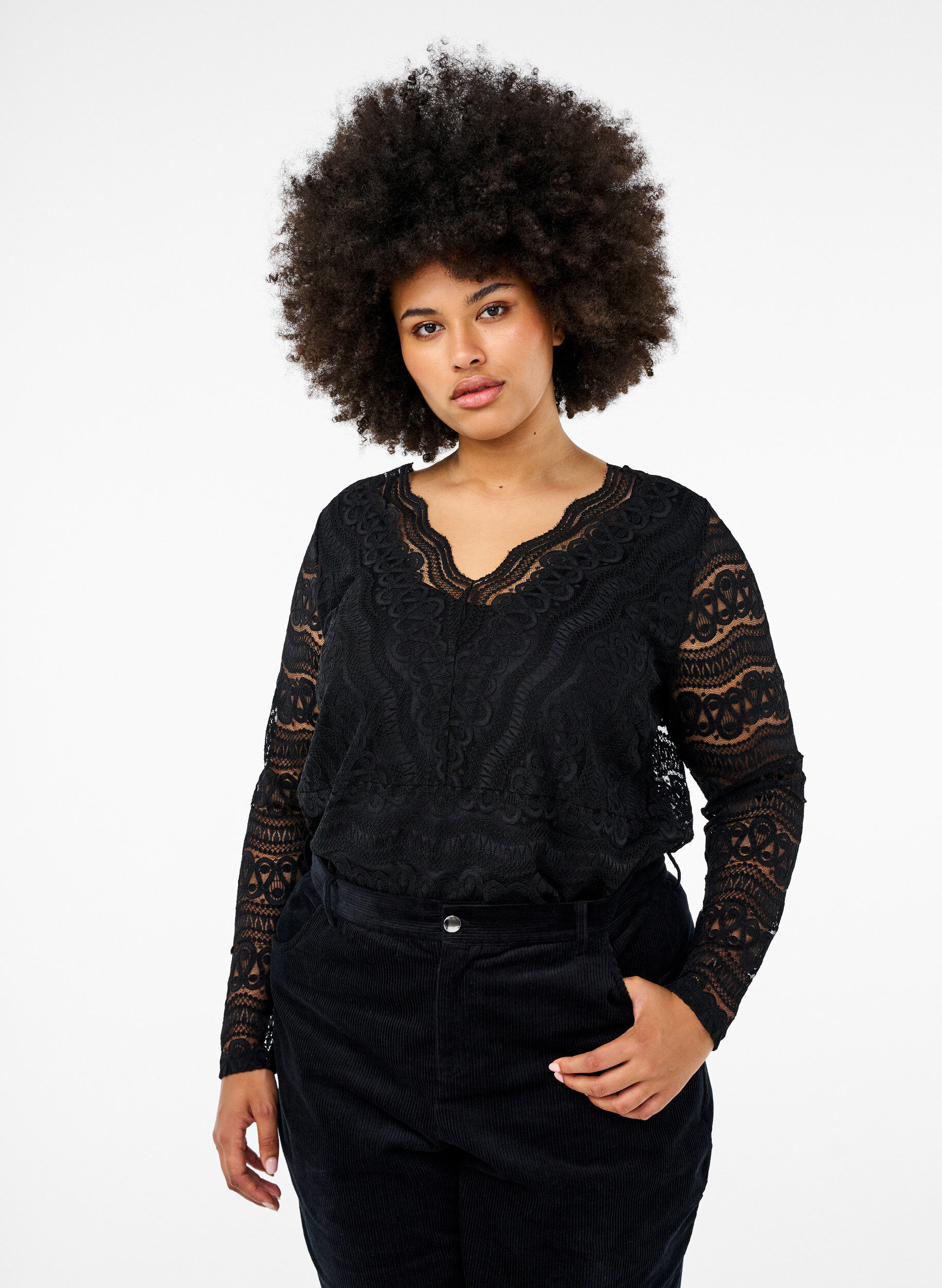 Zizzifashion V-neck lace blouse with lining, Black, Model image number 0