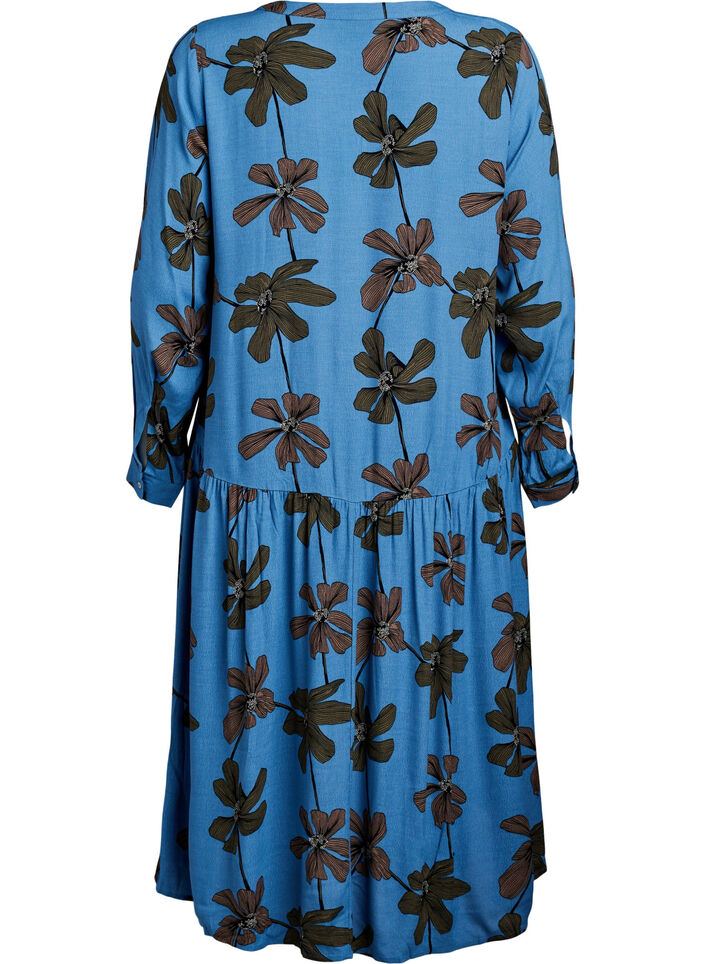 Printed viscose midi dress with long sleeves, Blue, Packshot image number 1