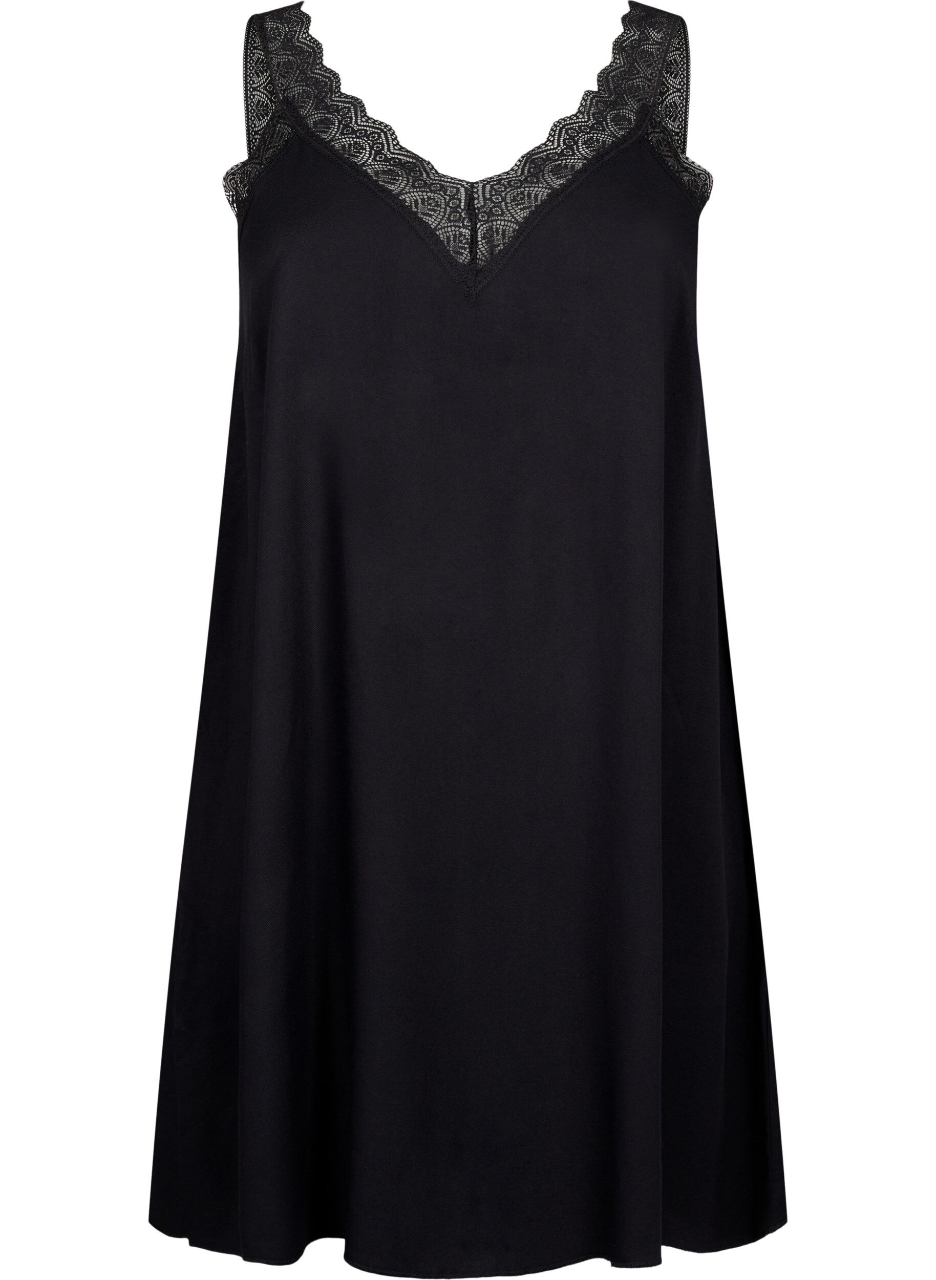 Zizzifashion Strap dress in viscose with lace, Black, Packshot image number 0