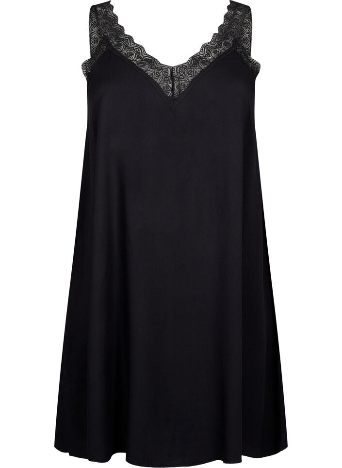 Strap dress in viscose with lace, Black, Packshot image number 0