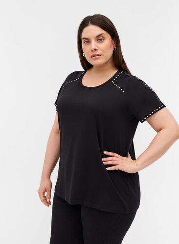 Short-sleeved cotton t-shirt with studs, Black, Model image number 0