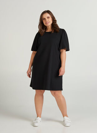 Sweater dress with puff sleeves, Black, Model image number 2