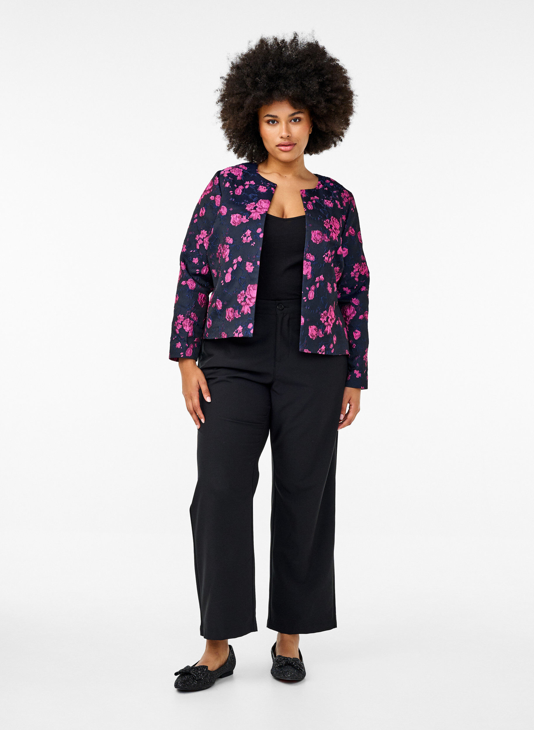 Zizzifashion Jacquard jacket with floral pattern, Black w. Red Rose, Model image number 2