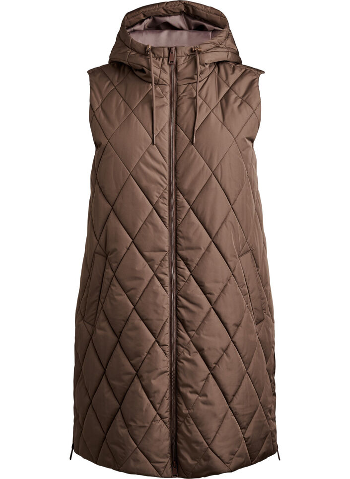 Mid-length quilted gilet with hood, Brown, Packshot image number 0