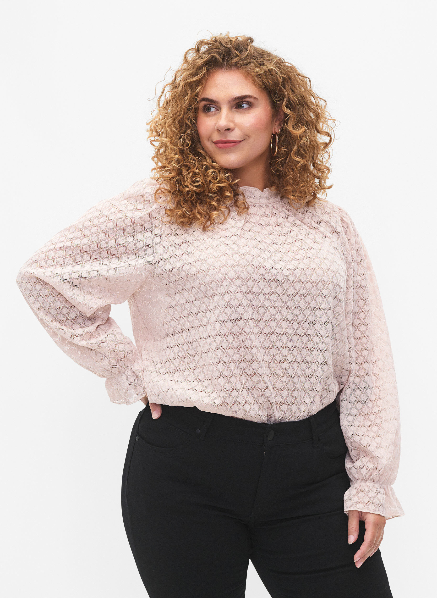 Zizzifashion Long-sleeved blouse with patterned texture, Whisper Pink, Model image number 0