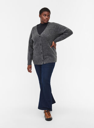 Short wool blend knitted cardigan, Dark Grey Melange, Model image number 2