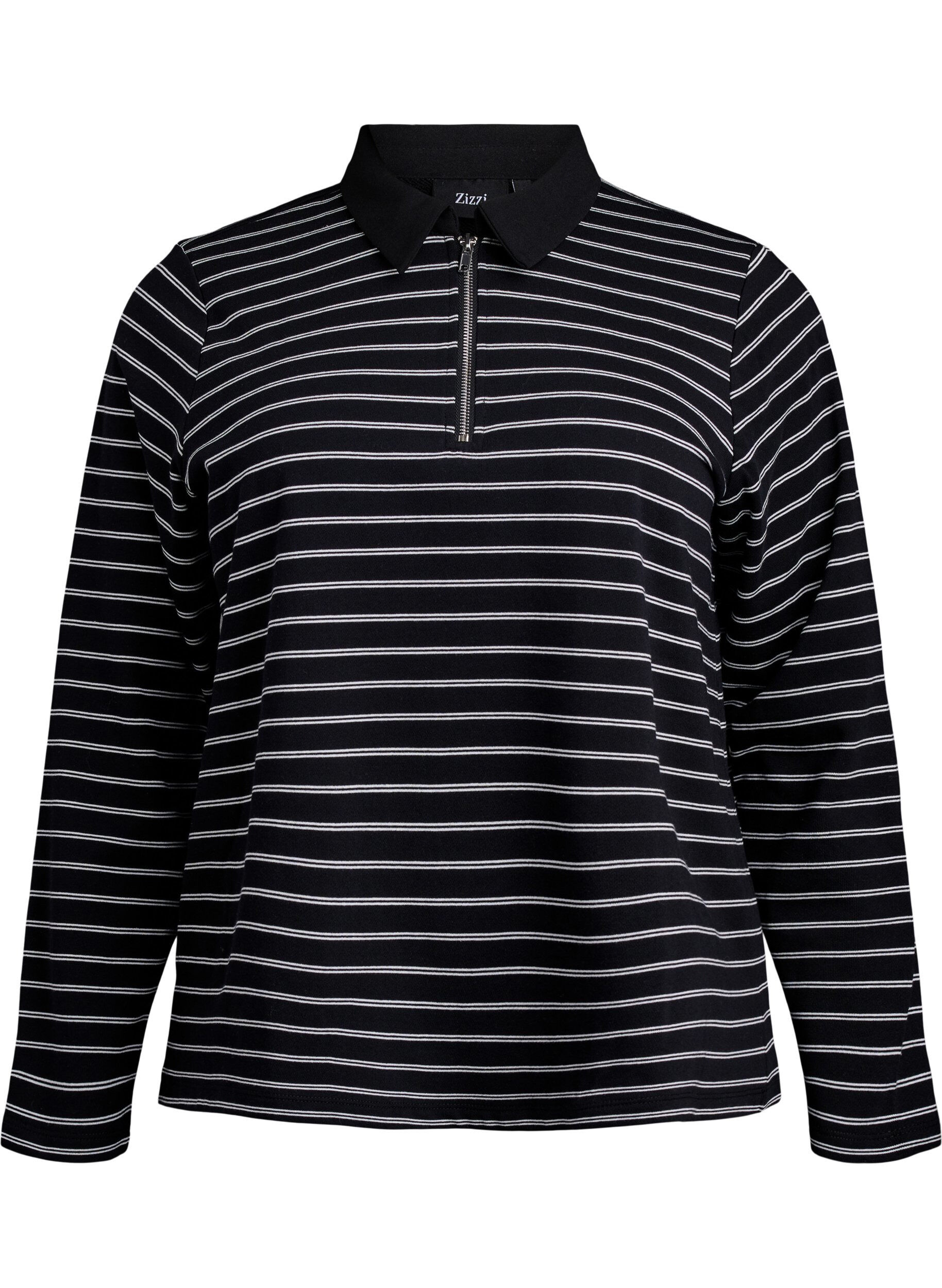 Zizzifashion Striped polo shirt with zipper, Black, Packshot image number 0