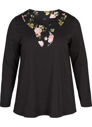 Long-sleeved cotton pyjama top, Black w. Flower, Packshot image number 0