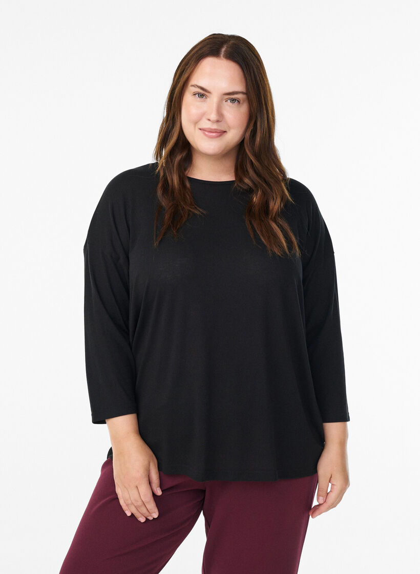 Jersey blouse with 3/4 sleeves, Black, Model image number 0